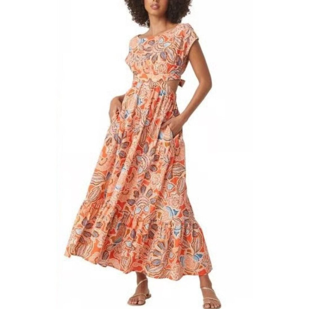 NWT MISA Los Angeles Dana Mae Tangerine Floral Maxi Dress W/ Cut-Outs‎ Size L